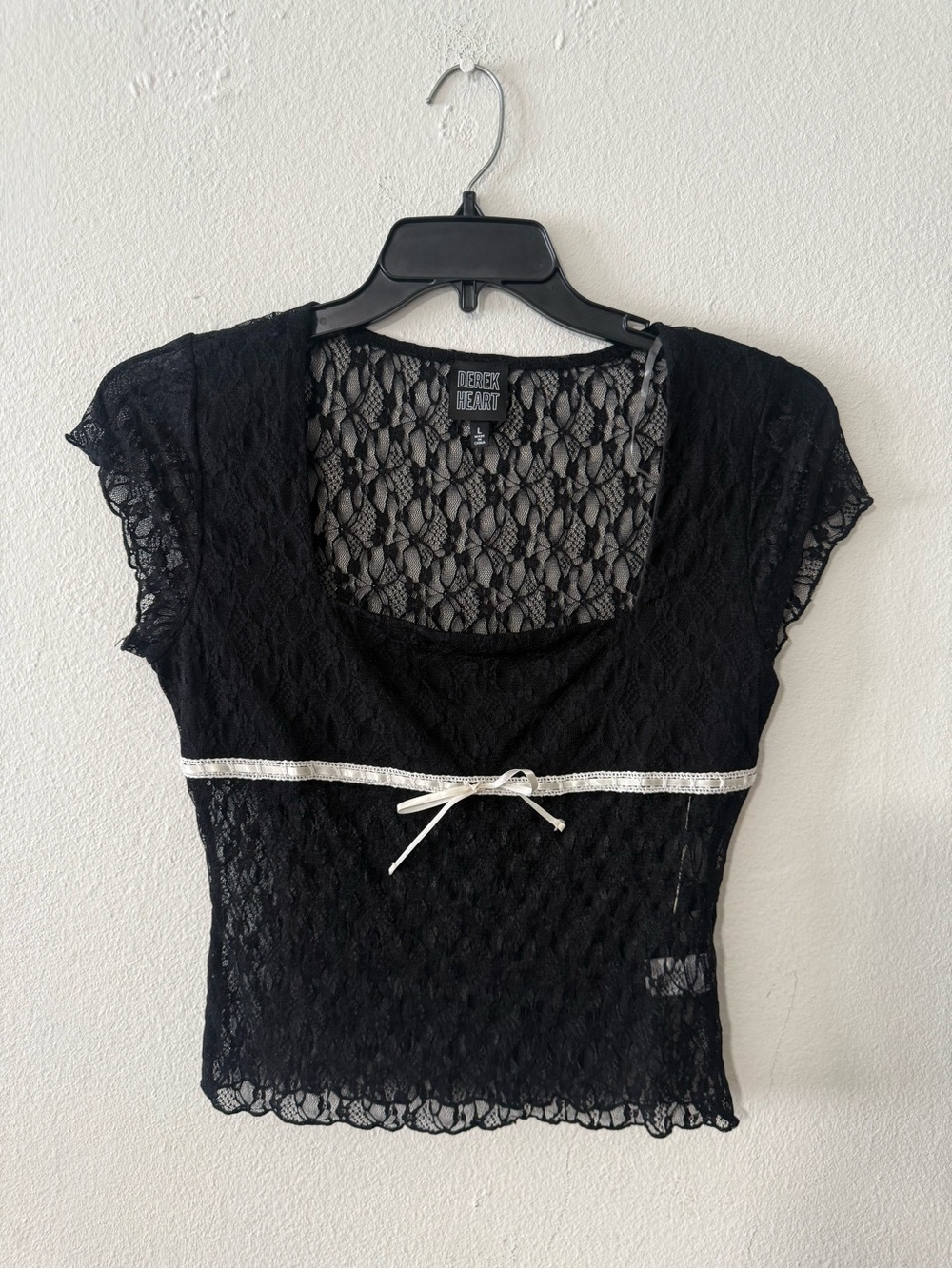 Derek Heart Black Lace Short Sleeve Camisole with White Ribbon